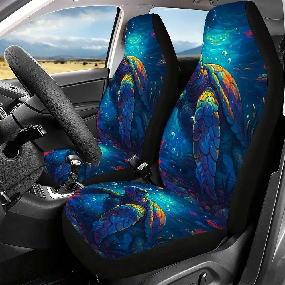 2pcs Colorful Sea Turtle Car Seat Covers - High Back Design, Polyester Material, Suitable For Front Seats, Cars, SUVs, Trucks, W