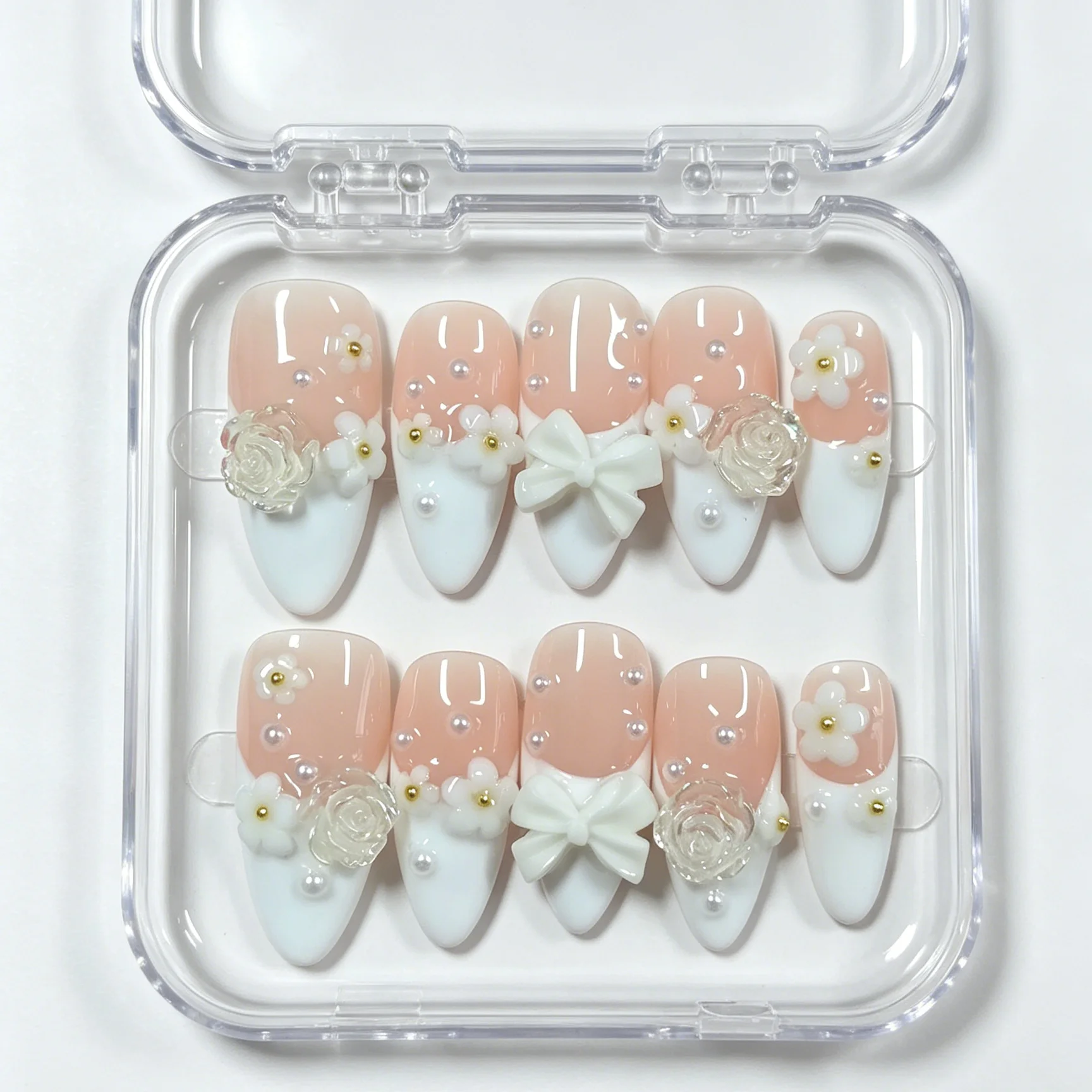 10 pieces of hand pressed almond shaped nails, beautiful fake nails, nude pink gradient French roses, suitable for women to use
