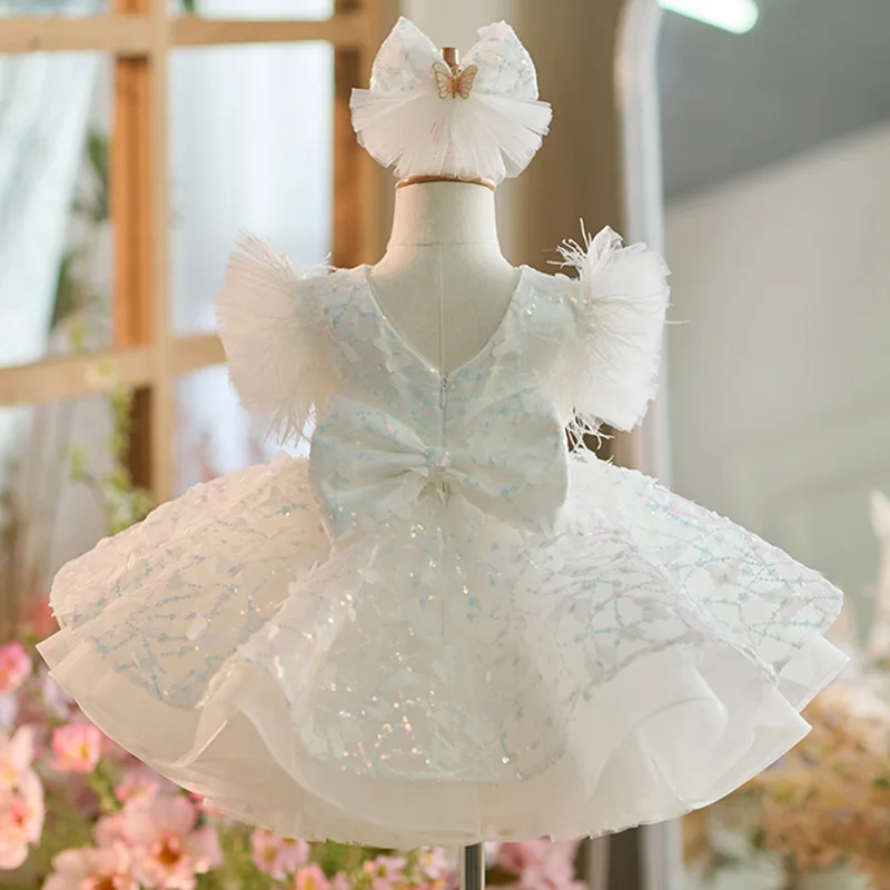 Baby Kids Princess Lace Sequin Bow Flower Girl Dress Children First Communion Dress Ball Gown Wedding Party Dress Birthday