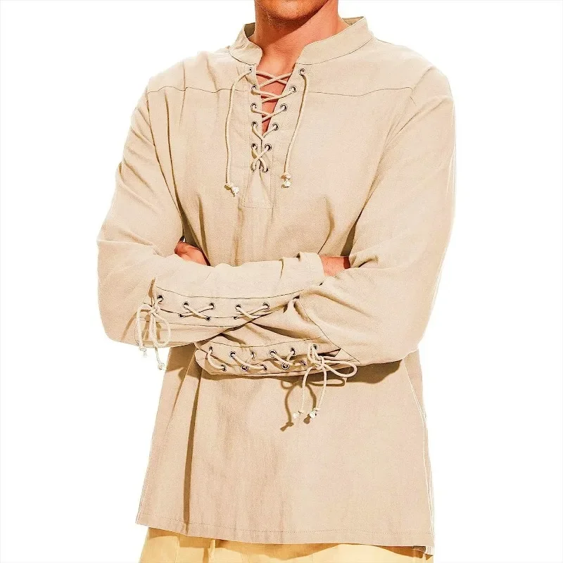 Shirt Long-sleeved Hippie Casual Beach Stand Collar Shirt New Men's New Design Lace-up Cotton Linen Henry