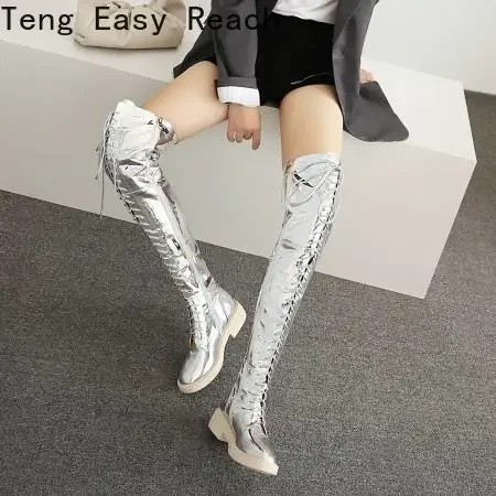 2024 Spring Autumn Lacing Knee High Boots Women Fashion White Square Heel Long Boots Woman Leather Shoes Winter Large Size 34-43