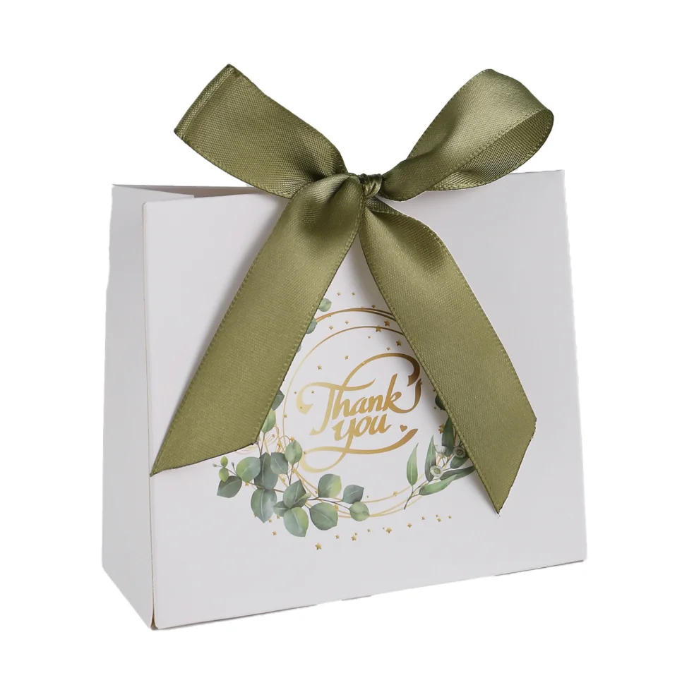 50/25Pcs Small Thank You Gift Boxes Green Gift Bags with Sage Green Bow Ribbon Eucalyptus Leaves Candy Treat Bags for Wedding Bi