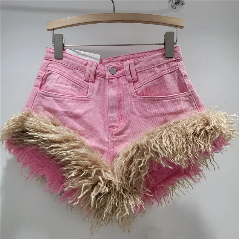 Pantaloncini di jeans patchwork pelosi per donna, ragazza calda stile americano 2025 Autunno Inverno Nuovi pantaloni caldi sexy con sollevamento dell'anca a vita alta sottile