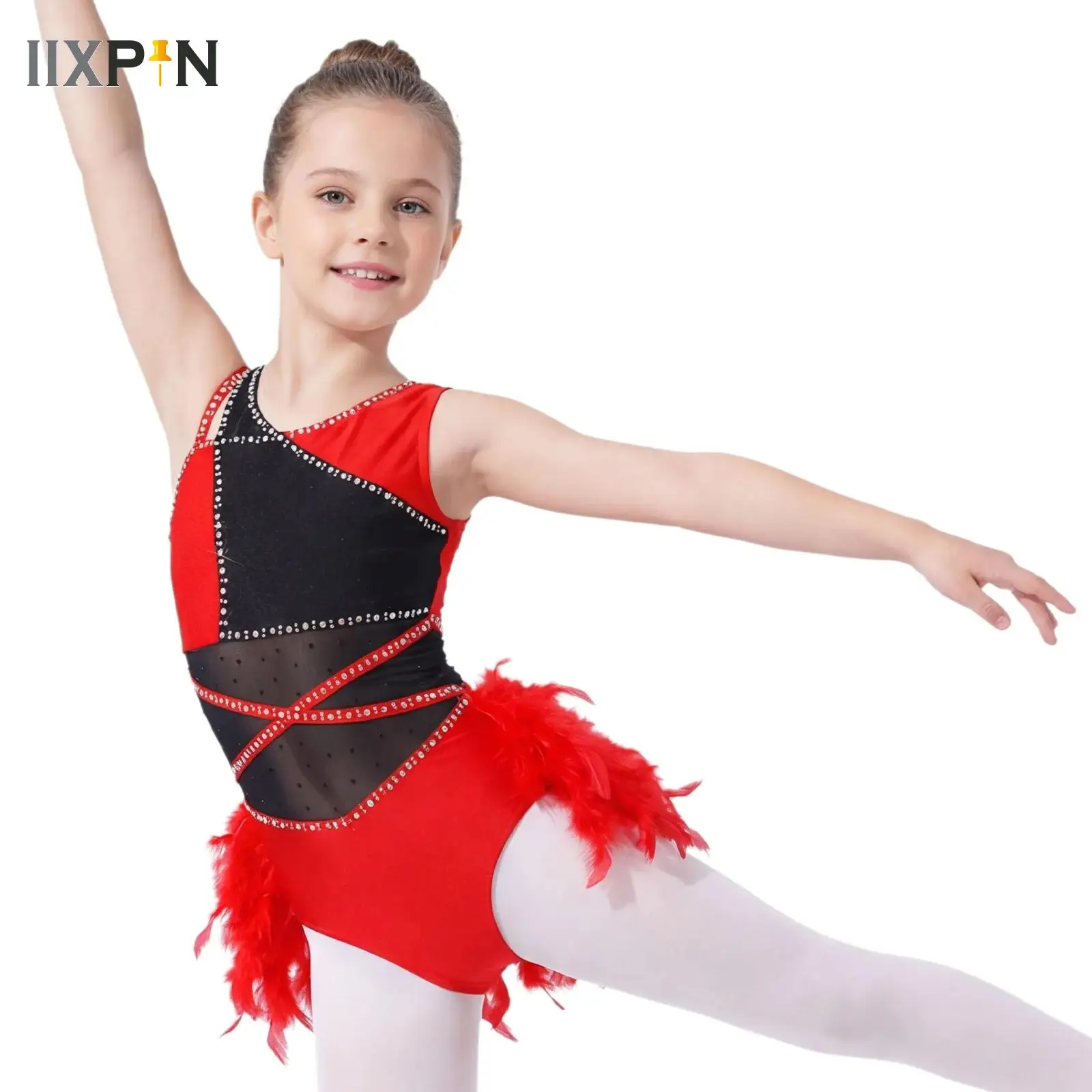 

Kids Girls Ballet Dance Leotard Feather Tutu Jazz Latin Figure Skating Gymnastics Stage Performance Dancewear Jumpsuit Dress