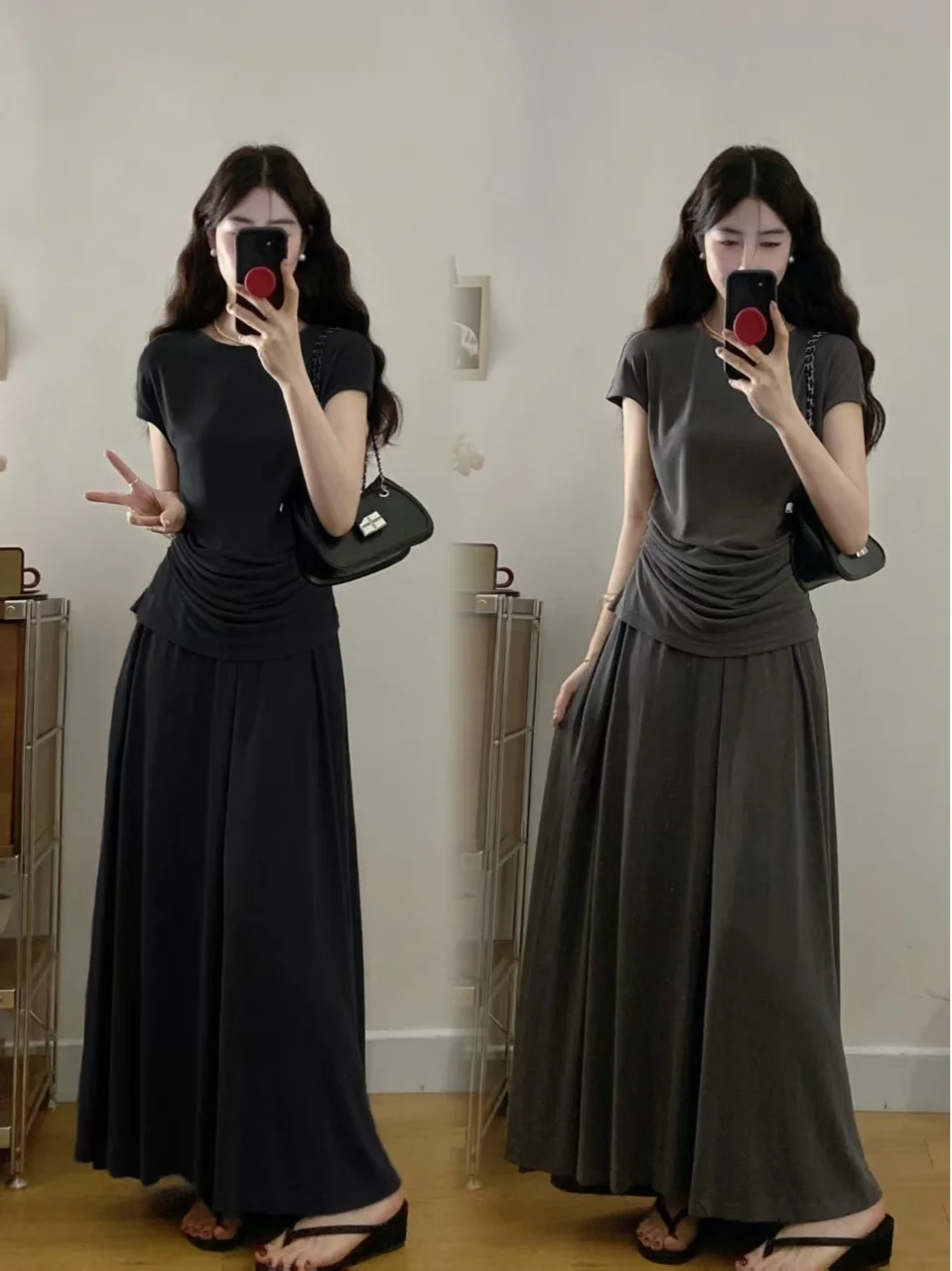 

plus Size Casual Versatile Loose Fit Summer Cool Feeling Set T-Shirt Top High Waist Midi Skirt Two Piece Set for plus Size Women
