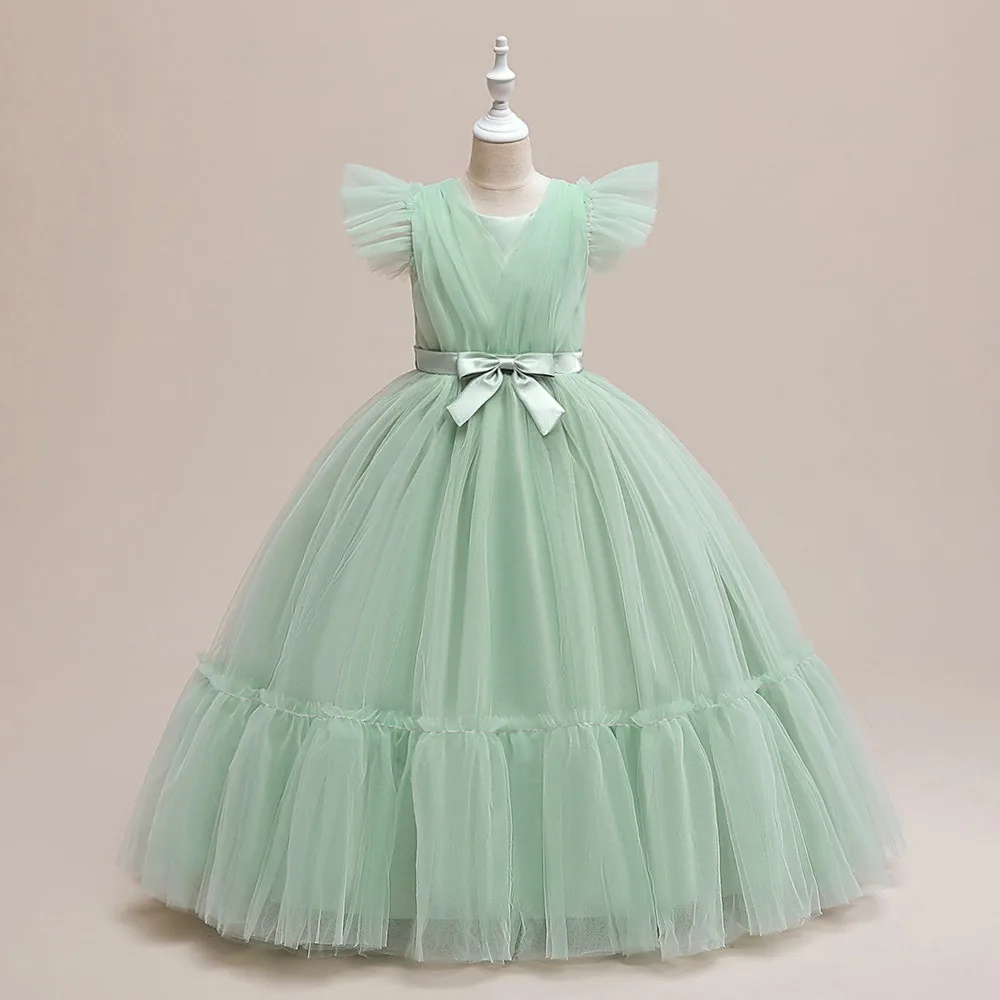 Elegant Bridesmaid Dress For Flower Girls Teenager Kids Flared Sleeve Bow Sweetheart Princess Dress Carnival Costumes Teens Wear