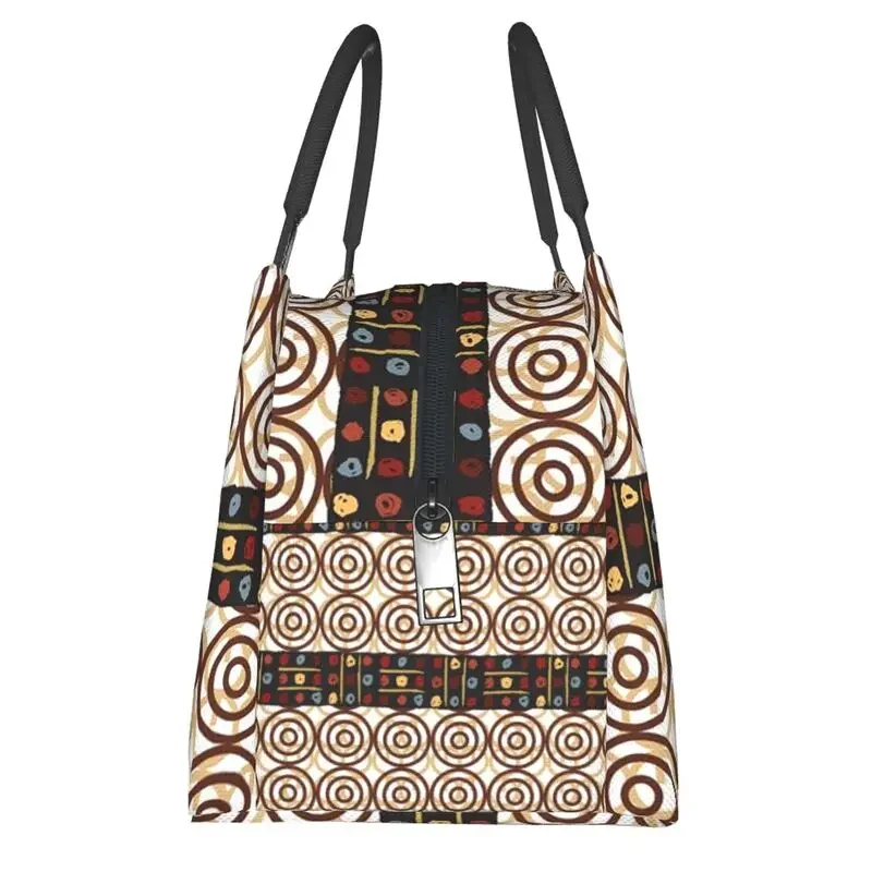 African Brown Kitenge Fabric Print Insulated Lunch Bag for Work Office Kanga Portable Thermal Cooler Bento Box Women