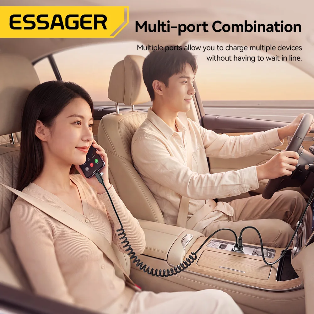 Essager 30W 2-in-1 Car Charger with USB-A & USB-C/Lighting Cable Spring Design for Fast Charging Compatible with iPhone 17/16/15