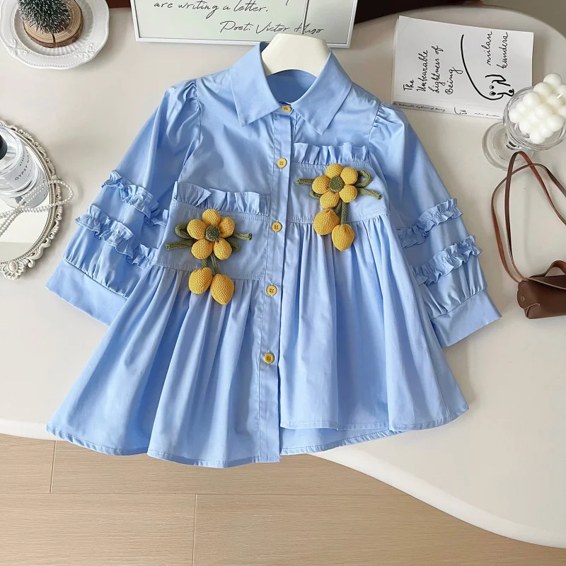

Children's Sunflower Shirt Dress New Autumn Girls Long Sleeve Shirt Dress Princess Dress for Girls