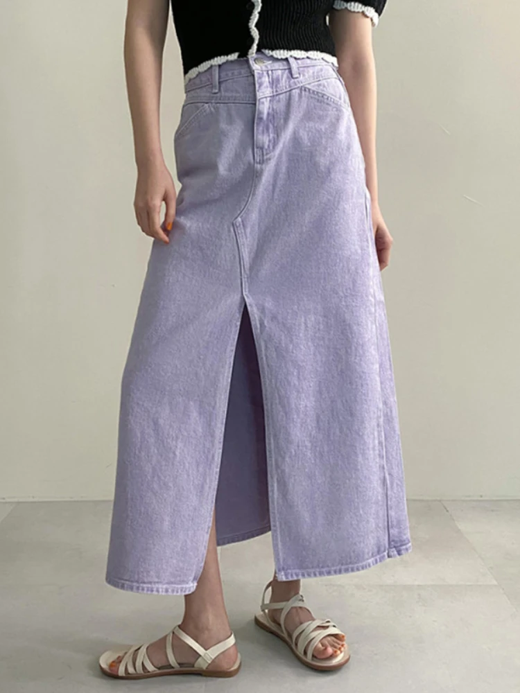 Korean Fashion Skirts Solid Color Patchwork Forked High Waist Design Simple Denim Skirt Elegant All Match 2024 Women's Clothing