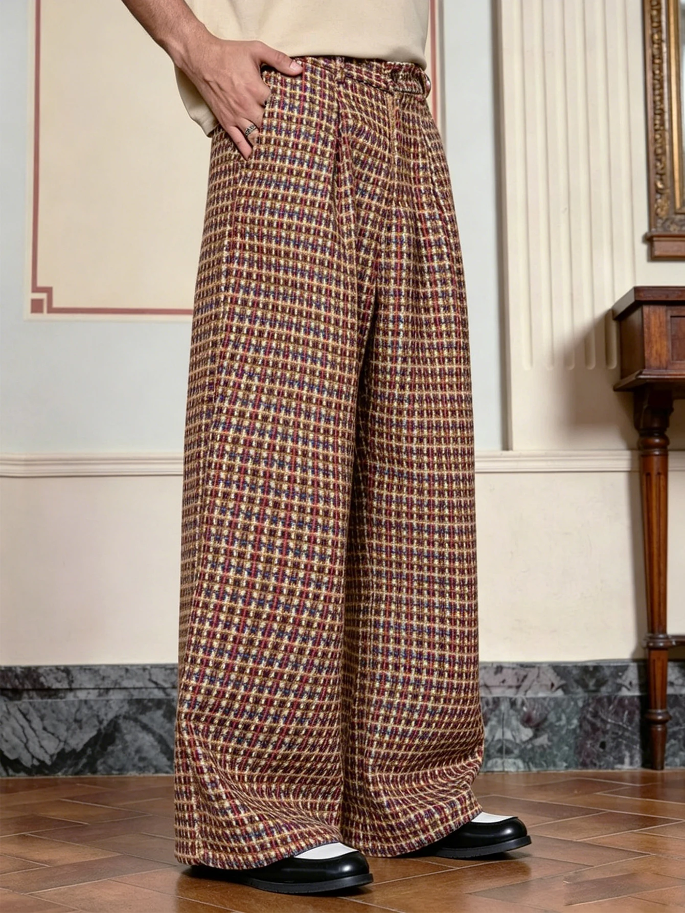 2026SS Plaid Woven Men Suit Pants, Pleated Zip Cross Pocket Loose Straight Wide Leg Trousers, Elegant Commuter Daily Formal Wear
