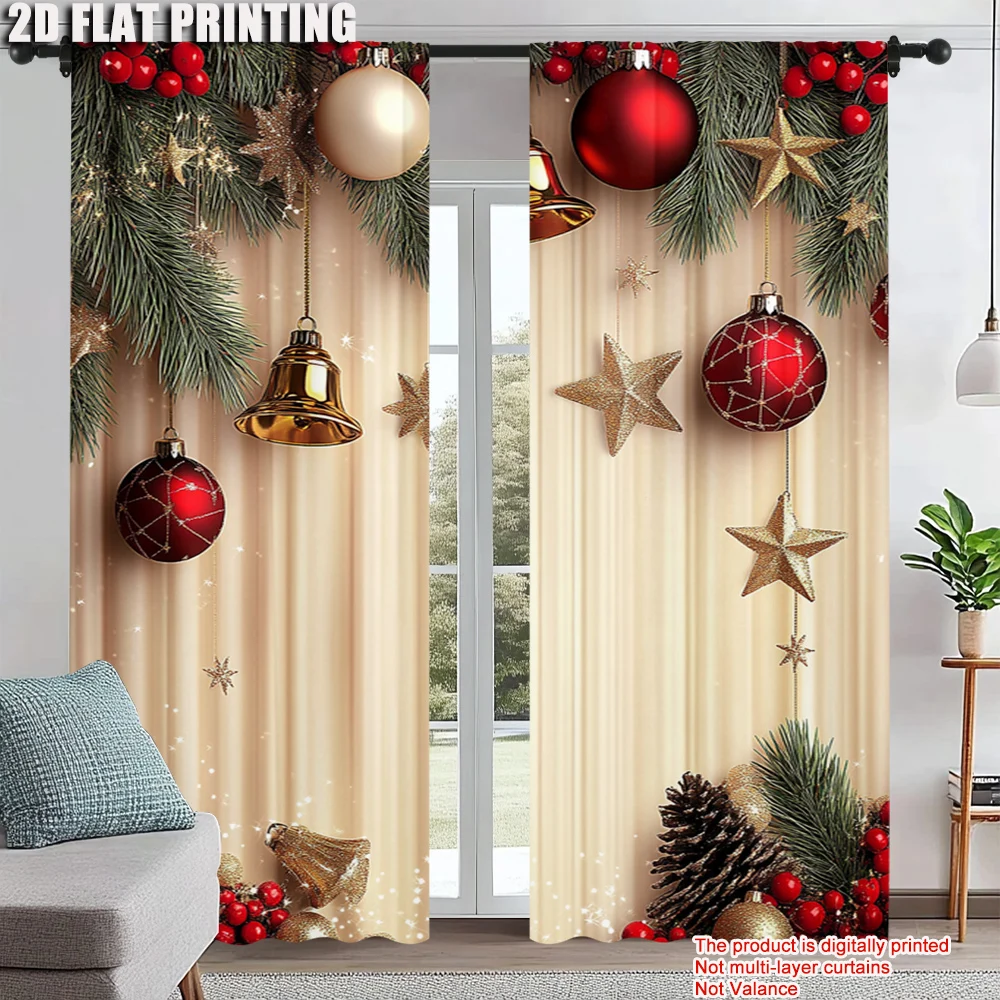 

2Pcs Christmas Decorative Window Curtains Digital Printed Polyester Material Drapes For Bedroom Living Room Office Rod Pocket