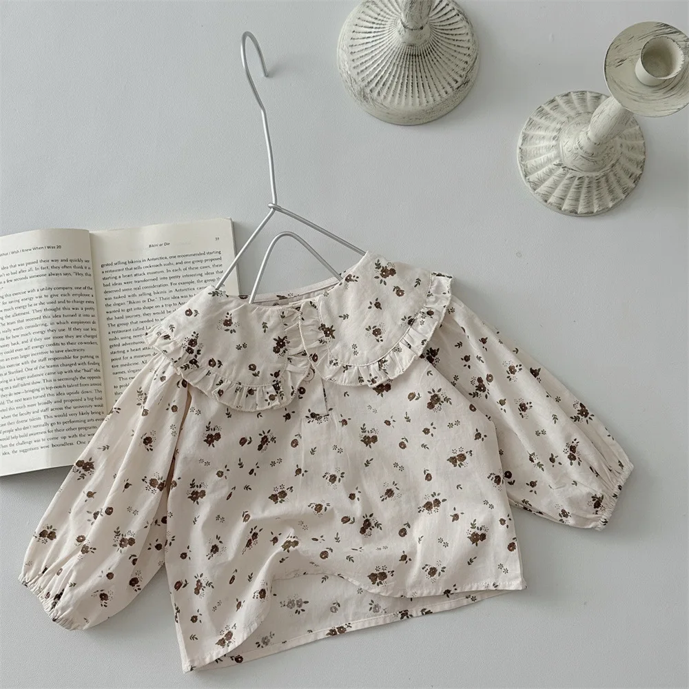 LILIGIRL Autumn Baby Girl Long Sleeve Tee Shirts Girls Floral Blouses Large Lapel Collar Tops Infant  Bottoming Cotton Clothes