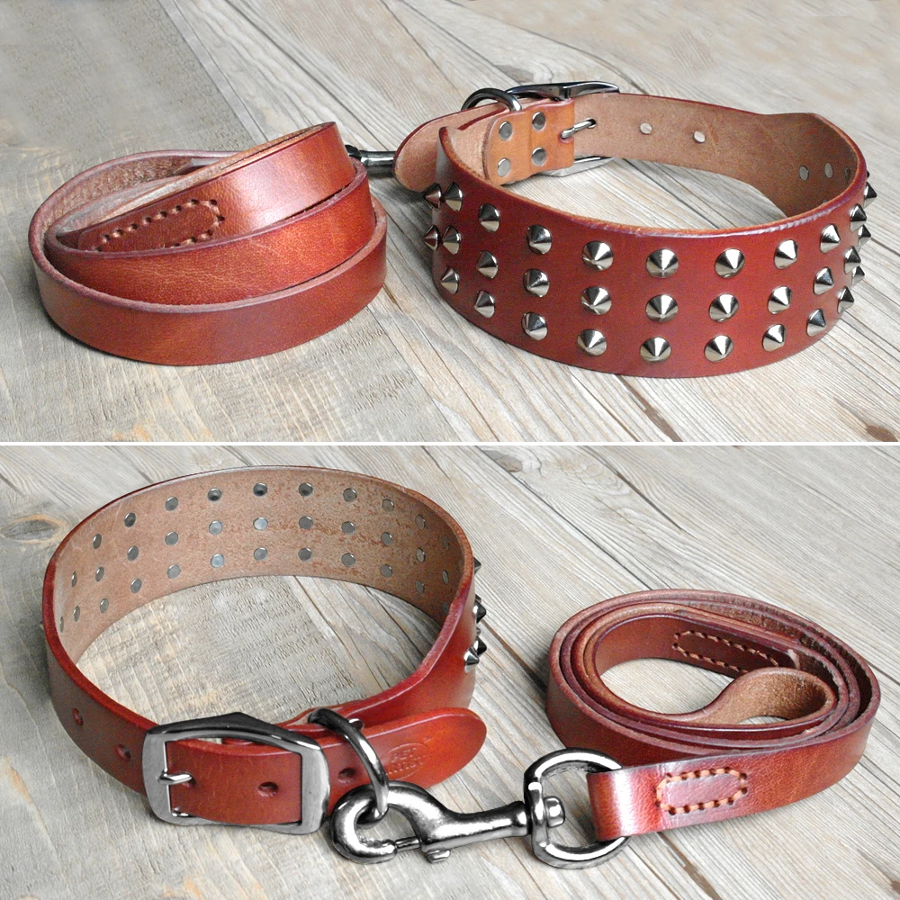 Cool Studded Genuine Leather Pet Dog Collars Leash Set For Medium Large Dog Pitbull  Boxer Bulldog S M L  Black Brown