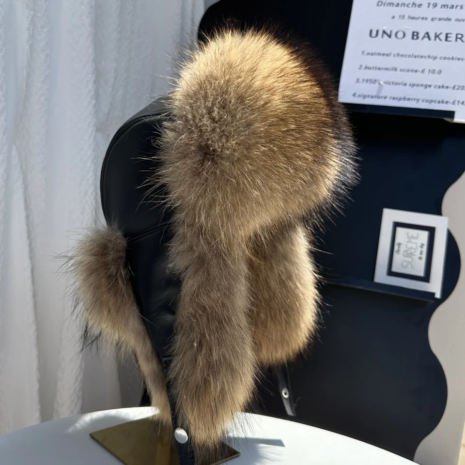 New 100% Genuine Fox Fur Ear-Protecting Hat Men Real Raccoon Fur Hat Women Winter Warm Fur Real Sheep Leather Snow Hat