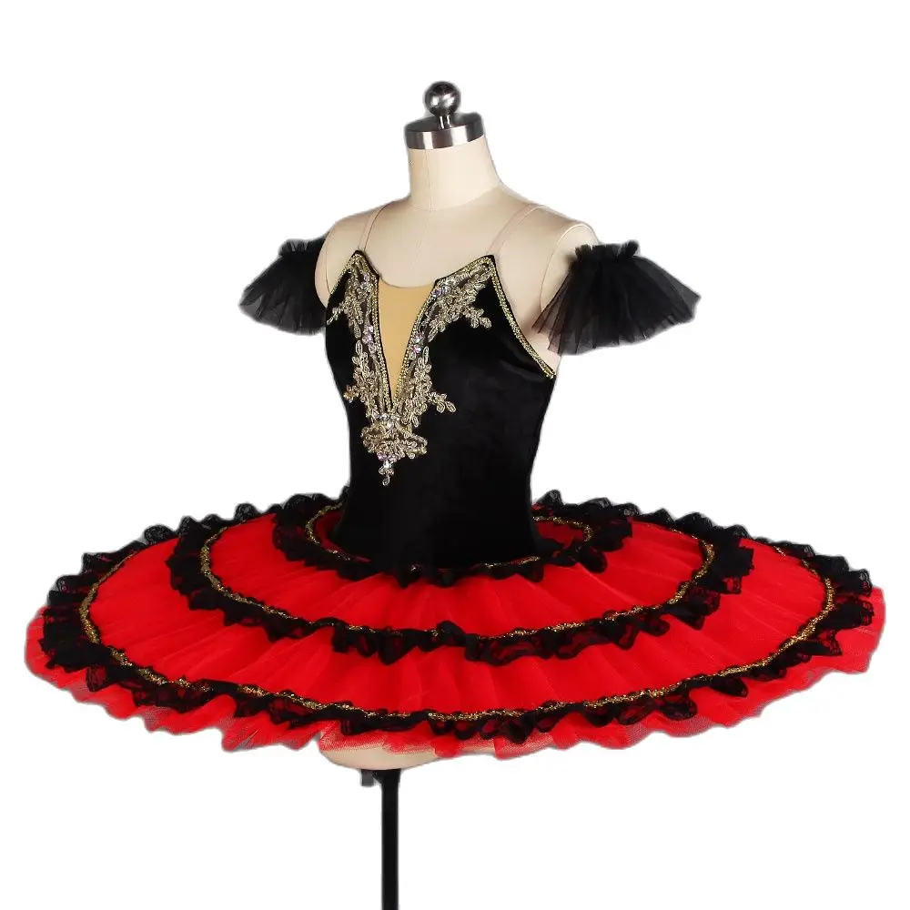 Adult Girls Red Spanish Dress Professional Ballet Dance Tutus Black Stretch Velvet Bodice with Tiered Pancake Tutus BLL408