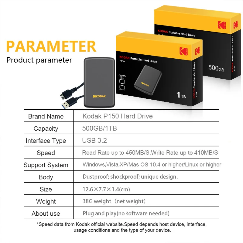 Kodak P150 2,5-дюймовый портативный внешний жесткий диск — высокоскоростное хранилище 1 ТБ/500 ГБ, чтение до 450 Мбит/с для ноутбука, настольного компьютера, PS4, PS5