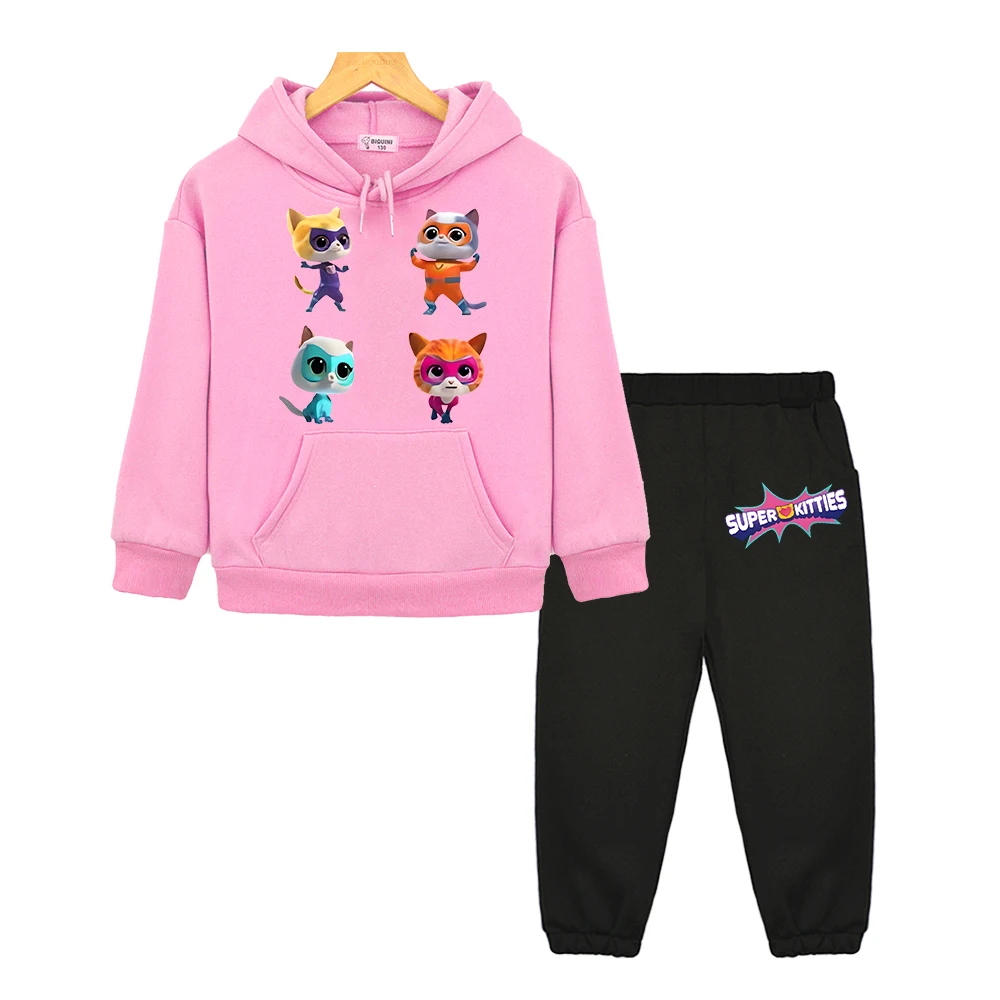 

Super Kitties Hooded Sets Autumn Sweatshirt boys girl clothes Jacket Fleece Pullover Cute cat anime hoodie kids boutique clothes