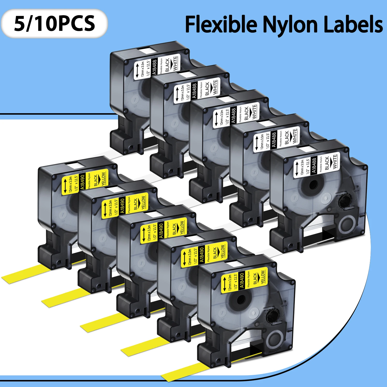 

Cruxer 3-10PCS Flexible Nylon Labels Compatible for Dymo A18488 18489 18490 12/19mm Label Tape For DYMO Rhino 5000 5200 Maker