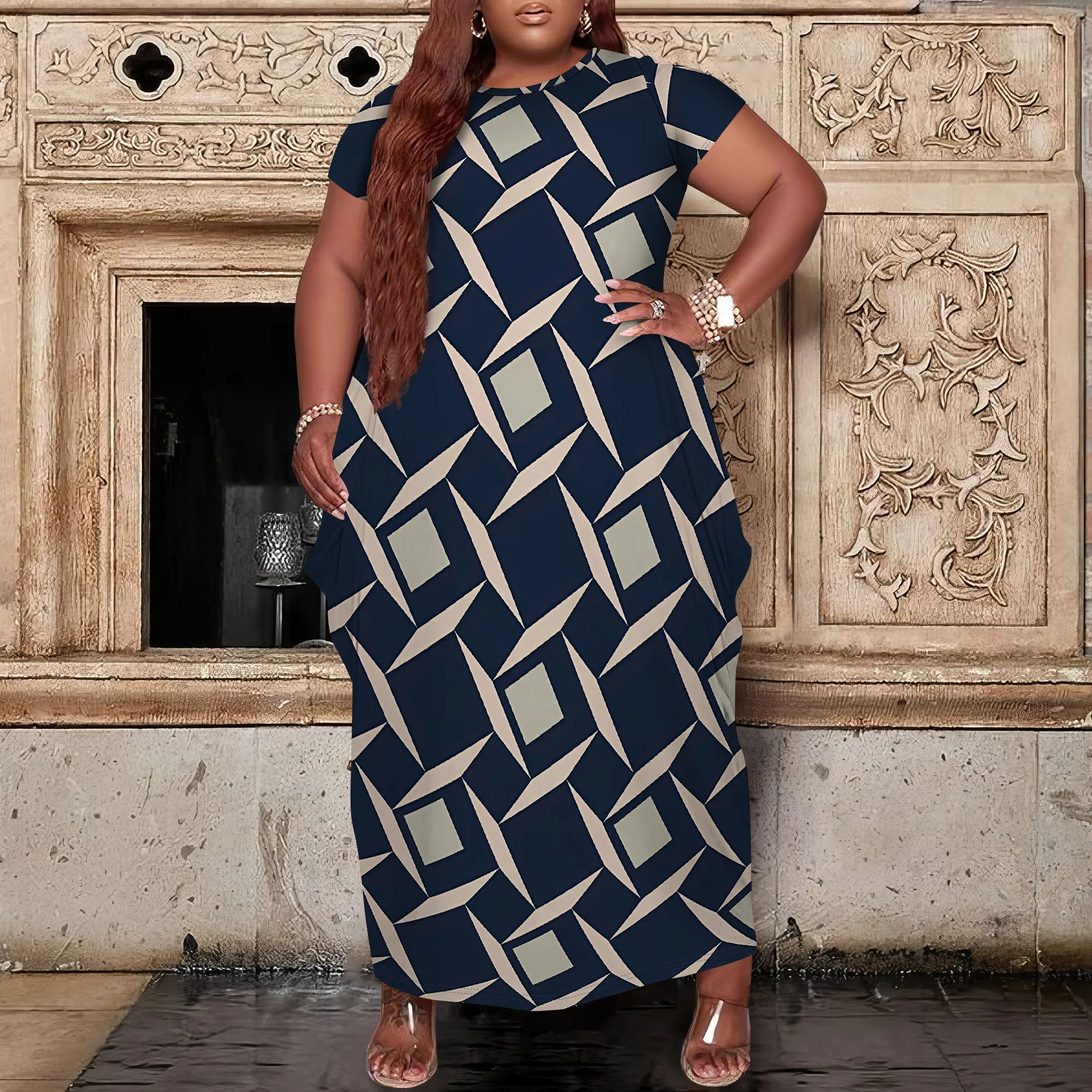 

Nupusa Navy Beige Geometric Print Dress for Women Plus Size Summer Casual Round Neck Short Sleeve Maxi Dress