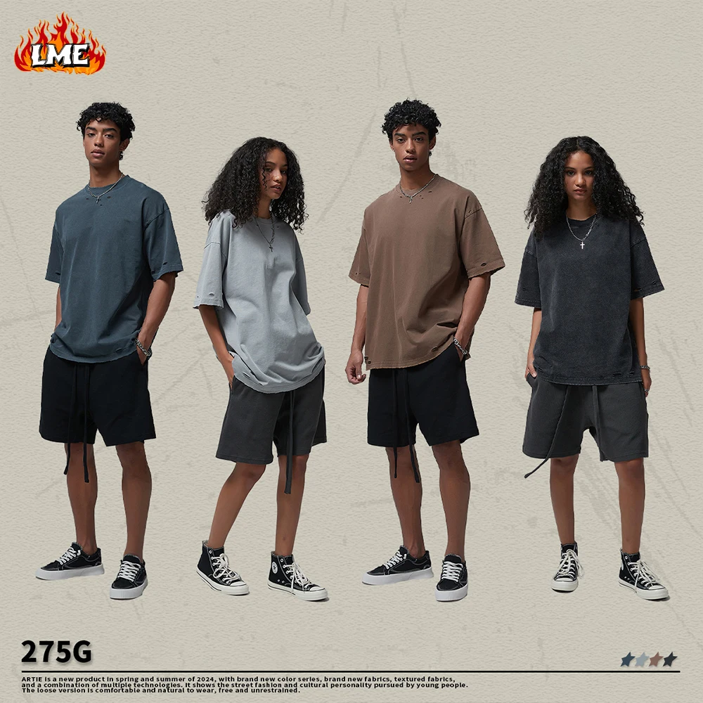 

New Arrival 275g Vintage Cut And Tear Acid Washed Vintage Distressed Men Oversized Streetwear Custom Branded T-shirt