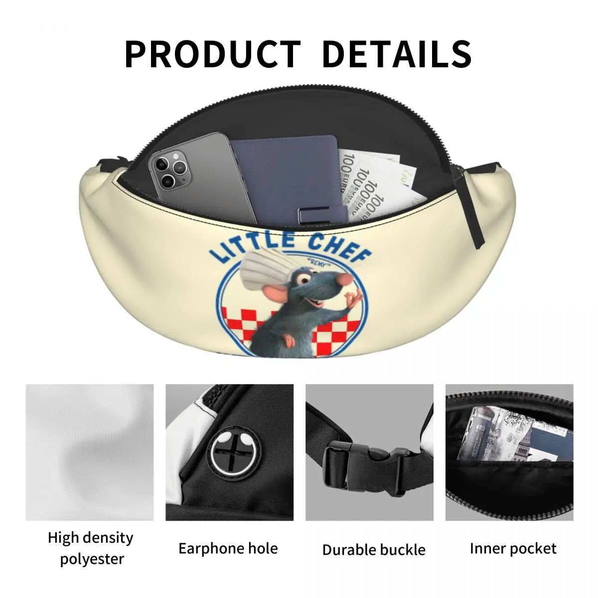 مخصص راتاتوي أنيمي الكرتون فاني حقيبة Crossbody الخصر حزمة الرجال النساء الدراجات التخييم الهاتف المال الحقيبة