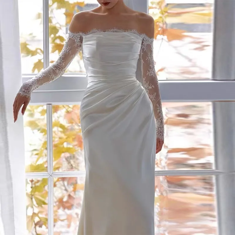 One shoulder light wedding dress 2024 new temperament lace outing yarn high-end small tail satin bridal welcome dress