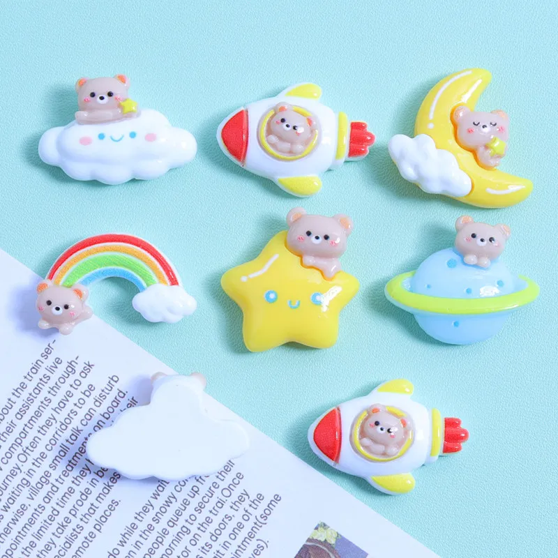 10Pcs Kawaii Outer Space Teddy Bear Resin DIY Shoes Hat Icebox Barrette Mobile Phone Case Scrapbook Cream Glue Flat Back Resin