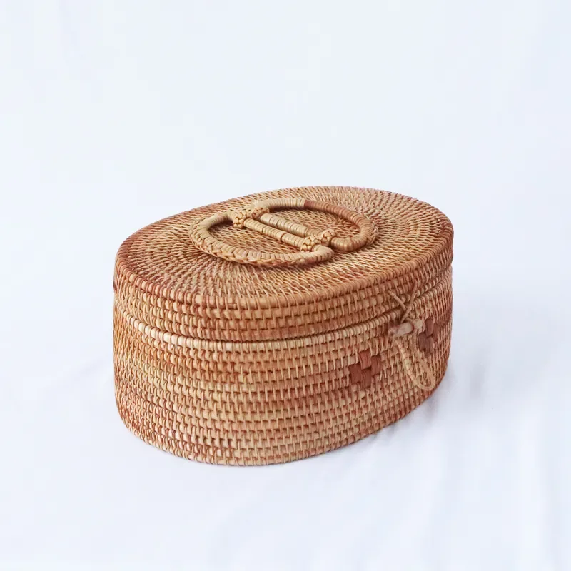 Handmade Vietnamese Rattan Oval Basket Portable Dried Fruit Candy Box Autumn Snack Storage Container Natural Wicker Organizer