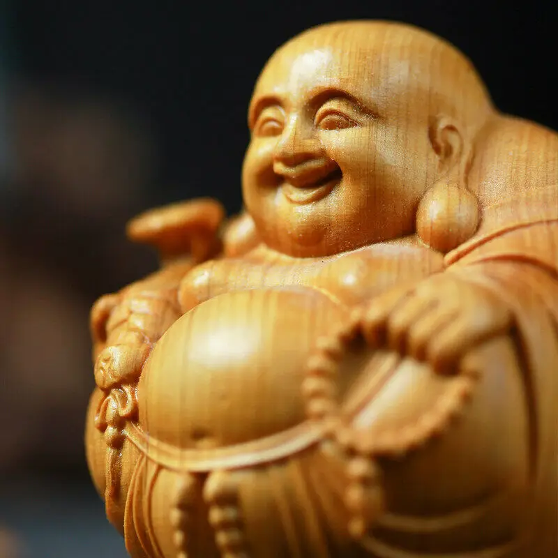 Cliff Wood Carving Maitreya Buddha Wooden Laughing Buddha Craft Buddha Statue