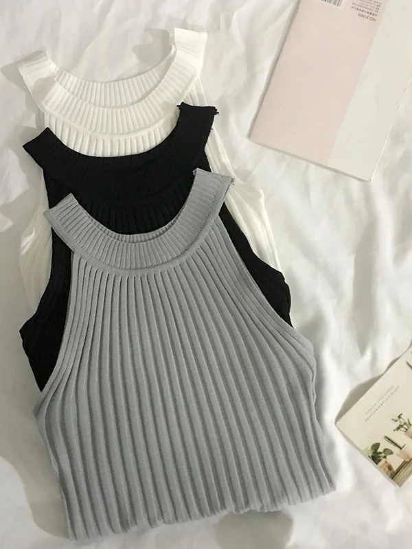 

Вязаный жилет в американском стиле ретро для женщин с высокой талией, тонкий плечевой ремень Svel Strap ort Sle Belly ow Base Hanging Ne Top Trendy