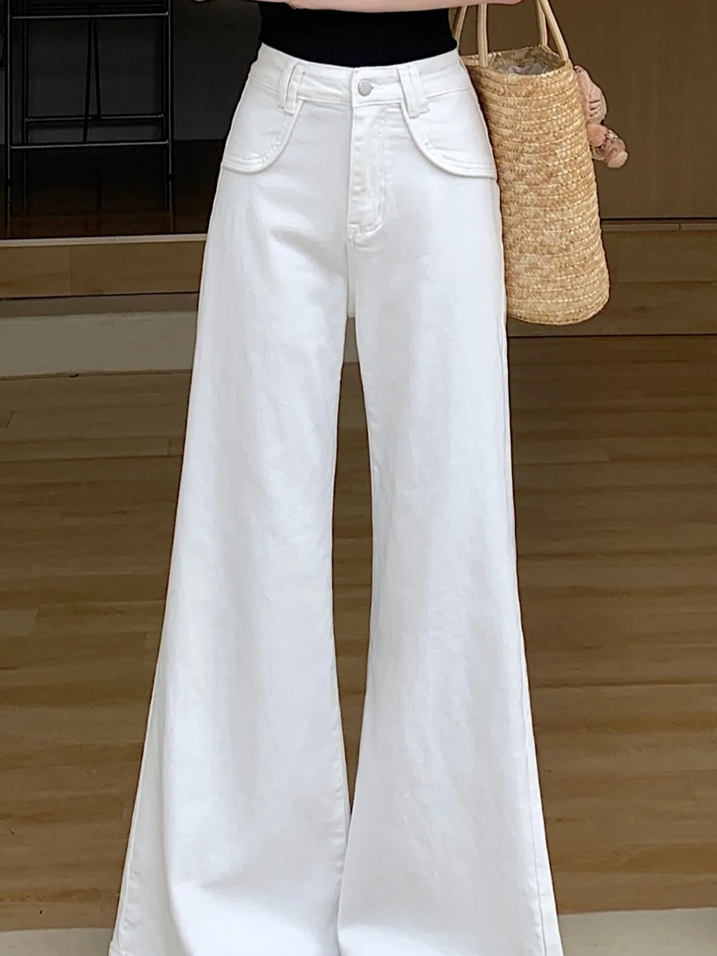 

High Waist White Denim Jeans Women's Design Korean Faion Loose Straight Leg Micro Flared Floor-Length Pants