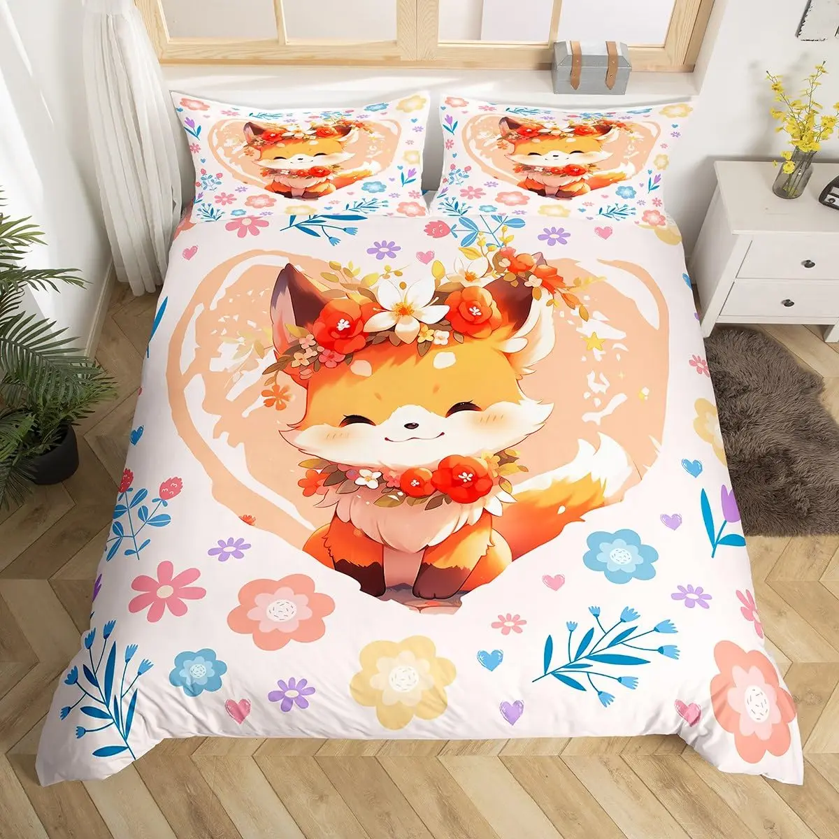 Kids Cartoon Fox Duvet Cover King Queen Orange Animal Bedding Set Girls Teens Bedroom Decor Comforter Cover with 2 Pillow Case