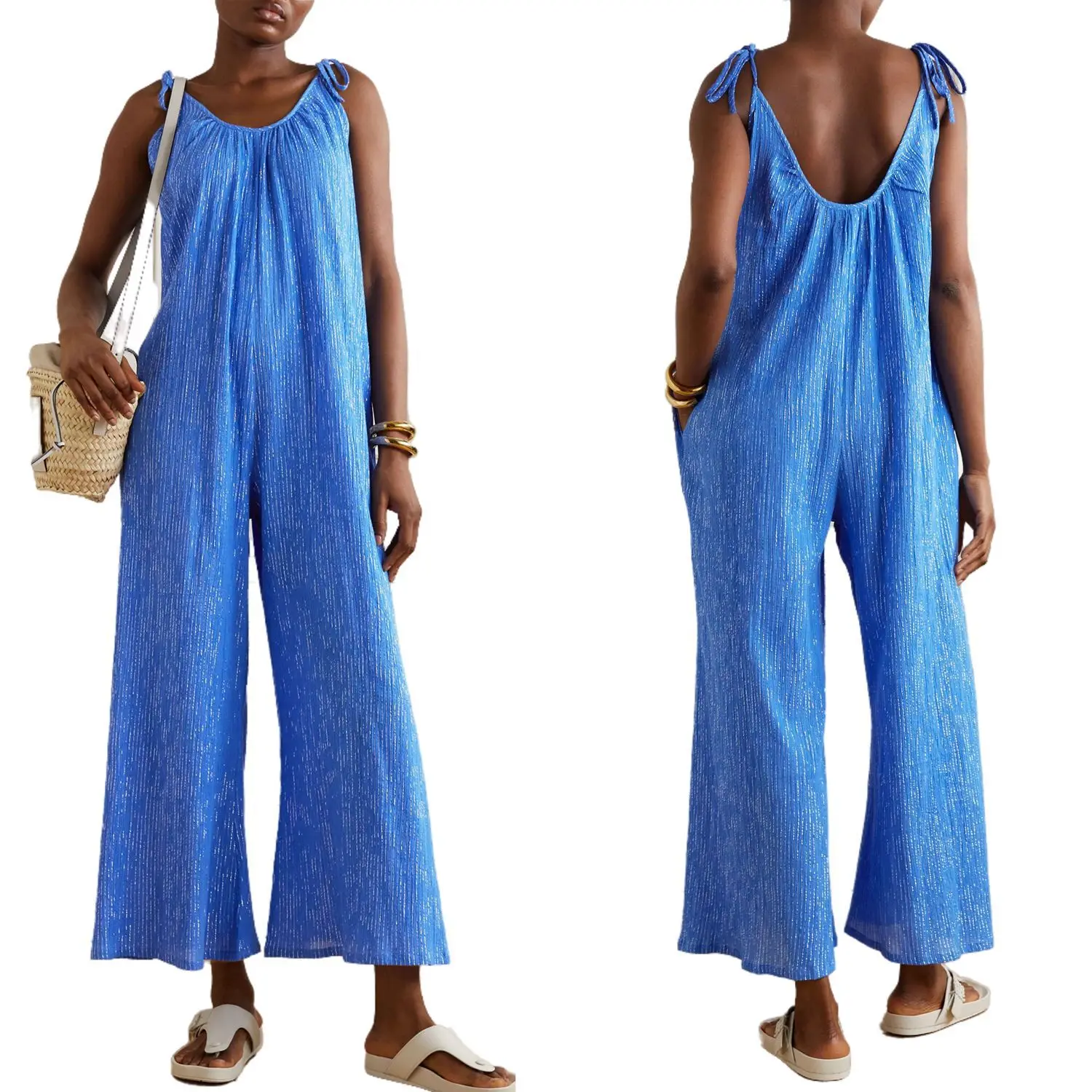 

BKLD Summer Clothes For Women Fashion Wide Leg Pants Open Back Sleeveless Jumpsuit Round Neck Spagnetti Strap Casual Jumpsuit