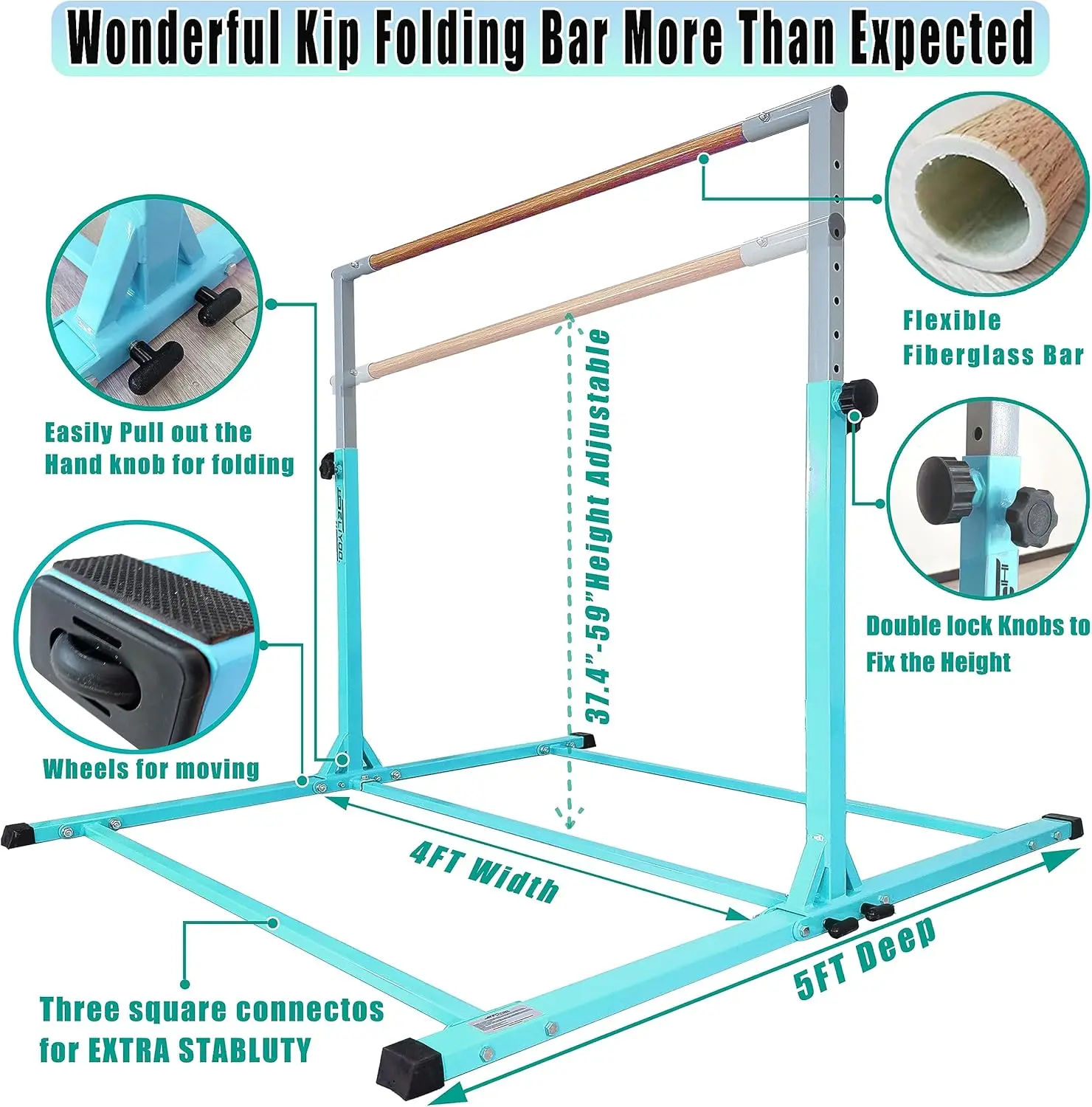 Gymnastics Bar for Kids, 5FT/6FT Horizontal Bars,Folding Kip Bar, Adjustable from 35.4