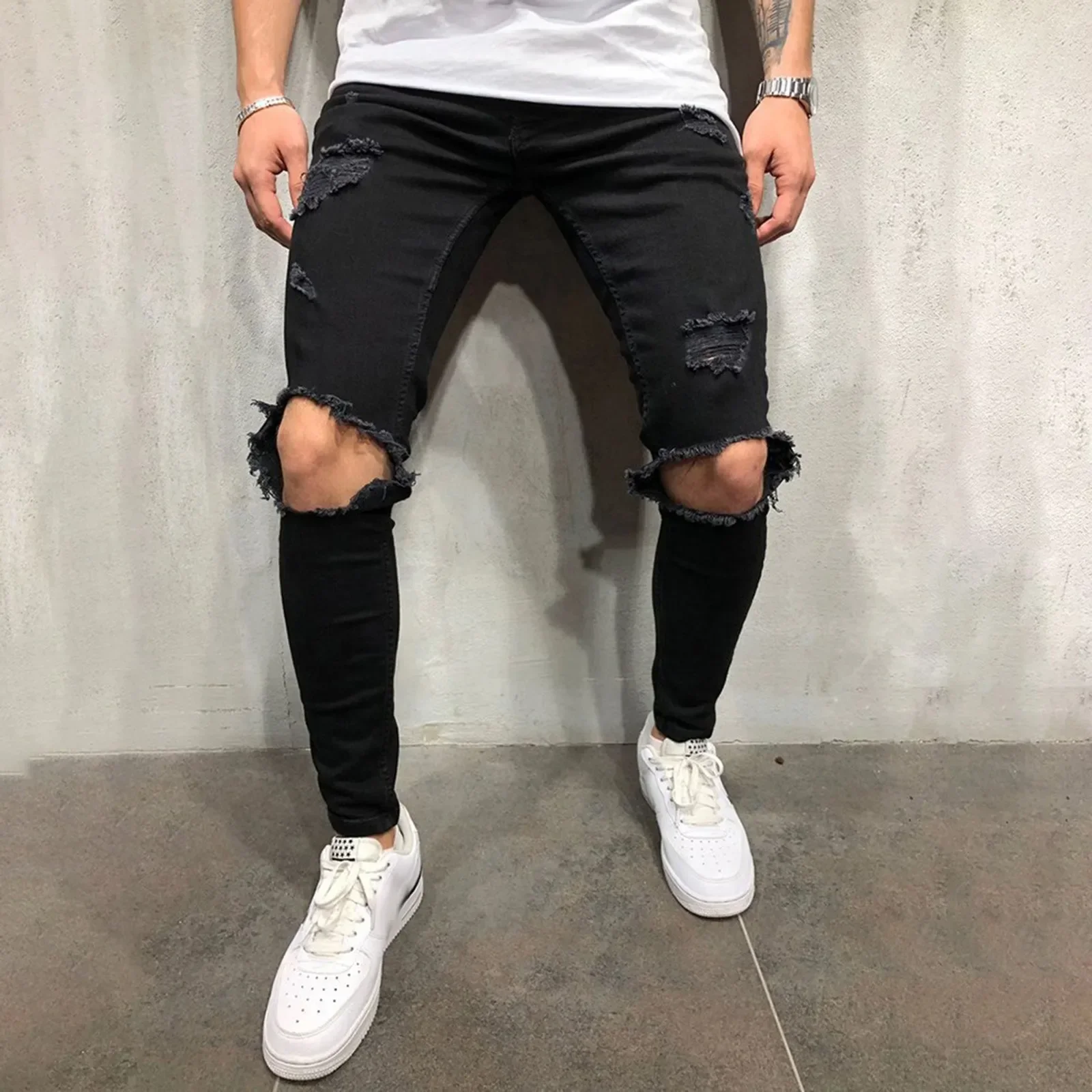 Men New Streetwear Baggy Jeans Pants Comfortable Jeans Slim Fit Small Feet Scratched Denim Ripped Jeans Y2k Punk Long Trousers