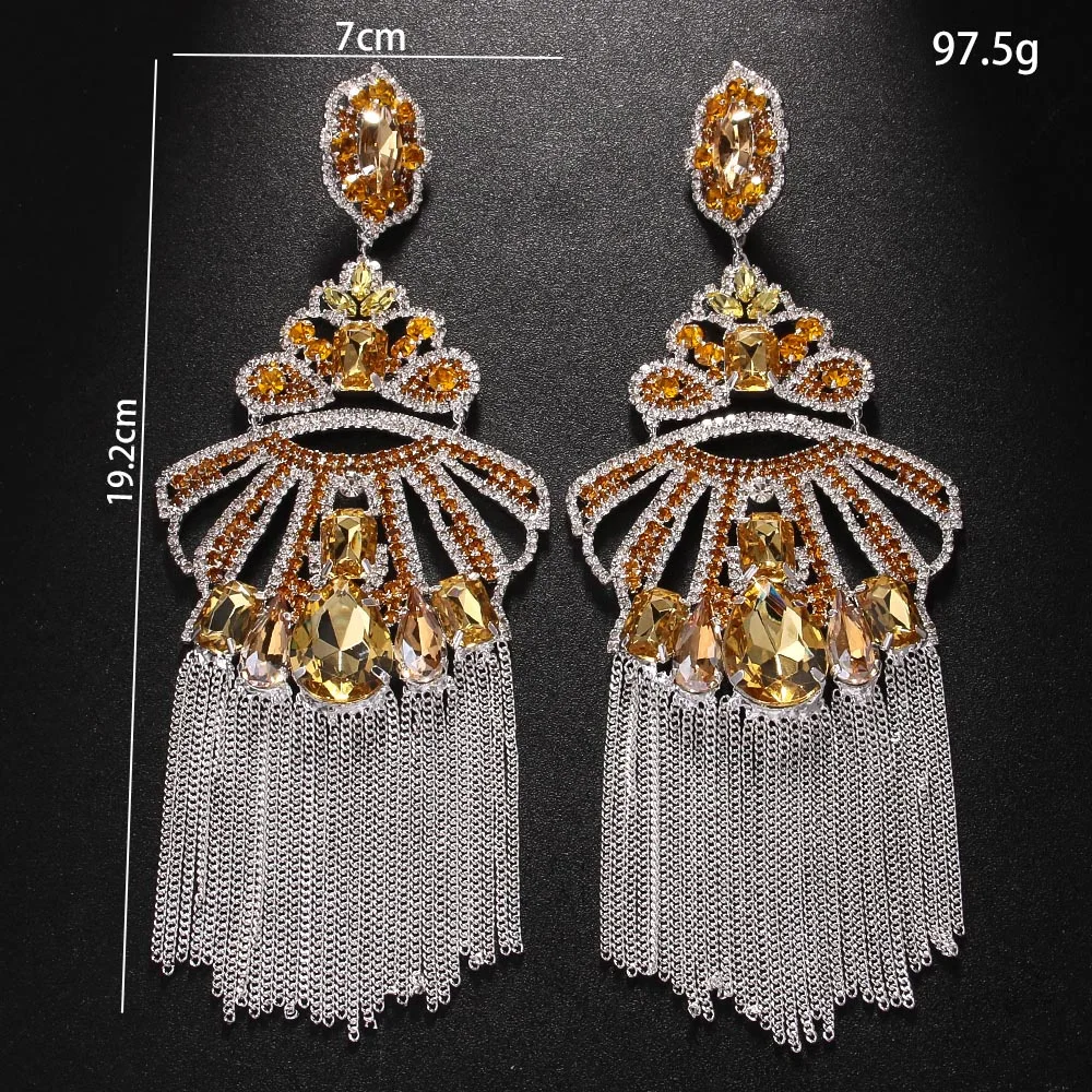 Stonefans Yellow Exaggerated Tassel Earrings Women Luxury 2024 Halloween Metal Piercing Club Bling Ear Accesories Jewelry Dance