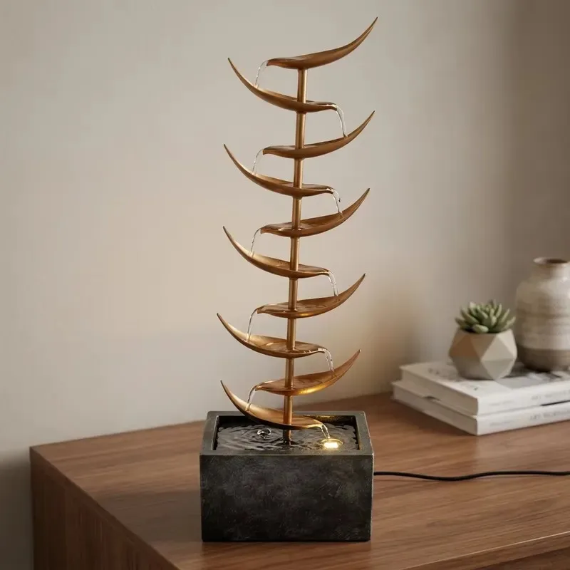 Retro Bronze Metal Laminated Water Feature Ornaments Multi Layer Lotus Leaf Fountain Flower Pot with Stone Base for Home Use