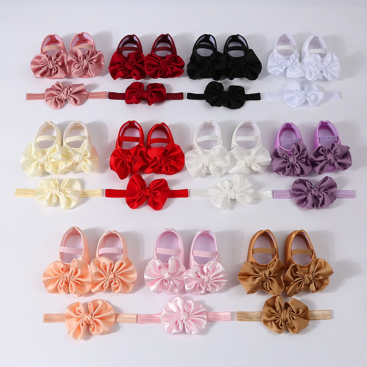 1Set Cute Big Bowknot Antiskid Baby Shoes Headband Newborn Toddler Prewalker Shoes Solid Floor Socks Girls Boys Socks Headwear