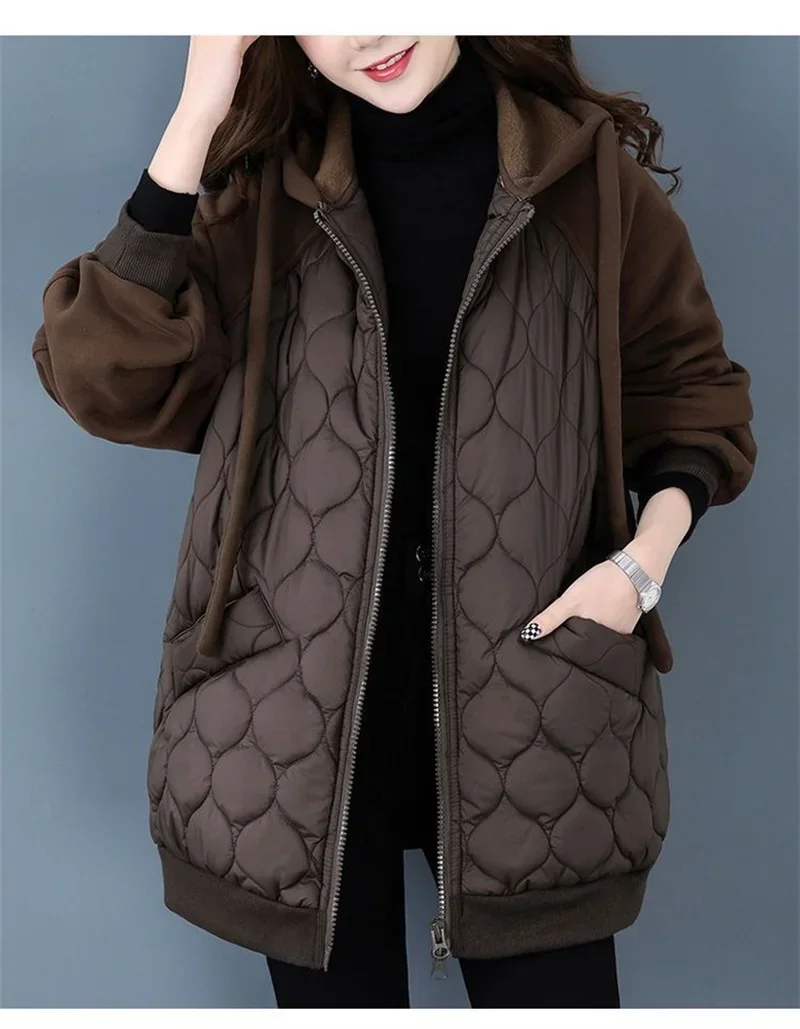 Autumn/Winter Jacket Women Hooded Splice Down Cotton Coat 2023 European Station Large Size Loose Cotton Jacket Female Outerwear