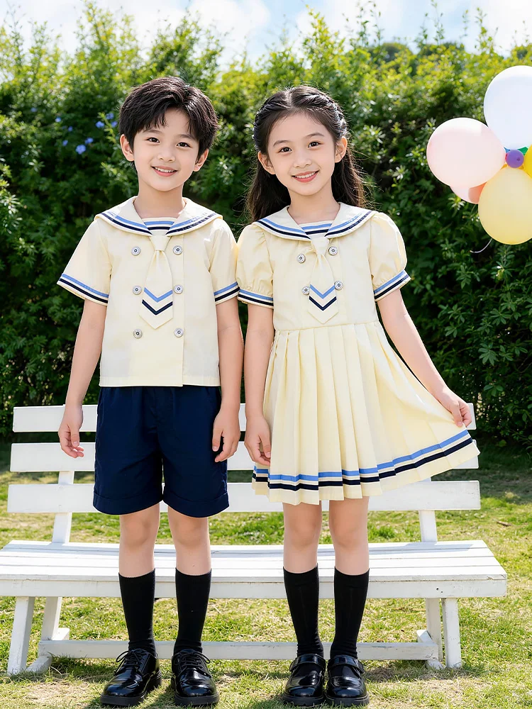 Conjunto de Uniforme Infantil Estilo Preppy para Verão: Camisa de Manga Curta e Gravata Azul Marinho para Meninas - Ideal par...