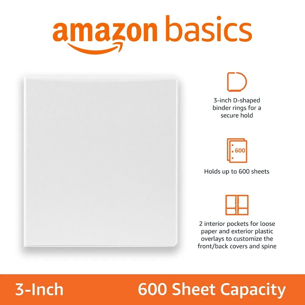 Durable 3-Inch D-Ring Binders, 2-Pack, White, Holds 600 Sheets, Ideal for School & Office