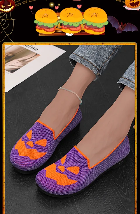 Damen-Halloween-Kürbisgesicht-Strickflachschuhe, atmungsaktive einteilige Slipper, leichte Freizeit-Party-Schuhe – Detail 8