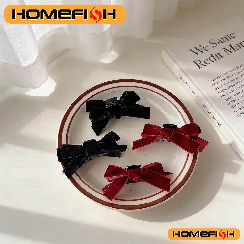 2pcs Black Bow Small Grab Clip Women's Autumn And Winter Vintage Velvet Bangle Clip Hair Clip Style Princess Hair Clip Headwear
