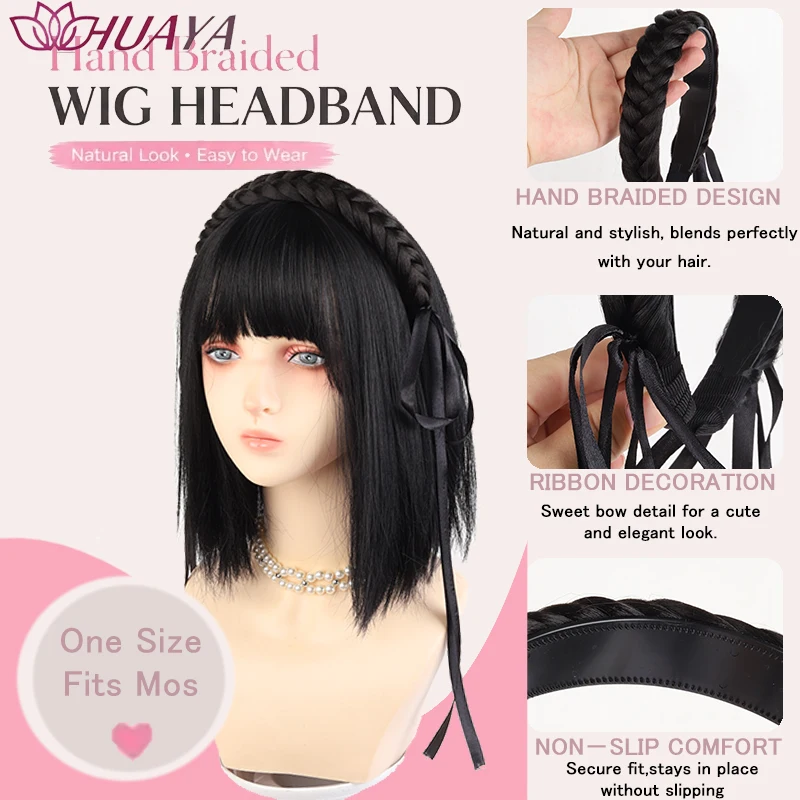 Women Double Braided Wig Headband Synthetic Fiber Long Black Ribbon Sweet Y2K Daily Dating Cosplay Hair Accessories