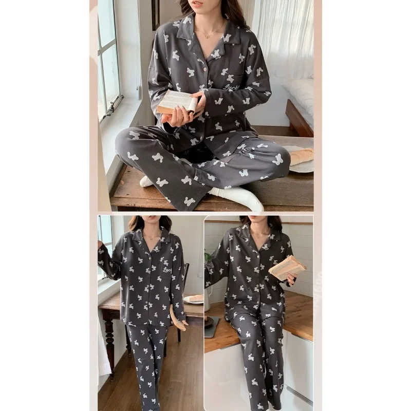 

Sleepwear Spring Autumn Long Sleeve Trousers Striped New Casual Cardigan Ladies Cartoon Home Suit Can Be Worn Outside Pajamas