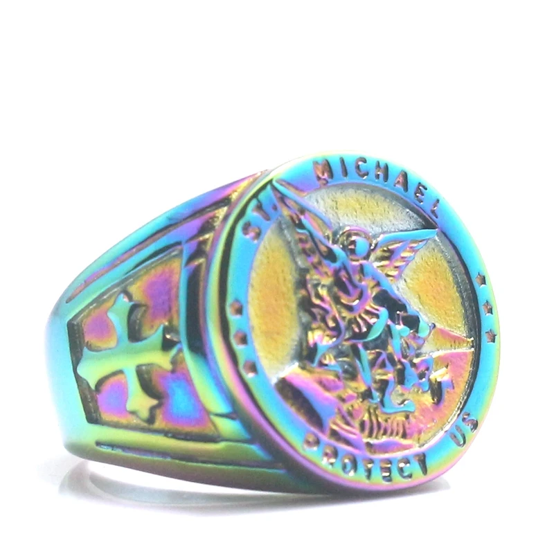 Unisex Cross Rainbow color Saint Michael Protect US 316L Stainless Steel Newest Ring