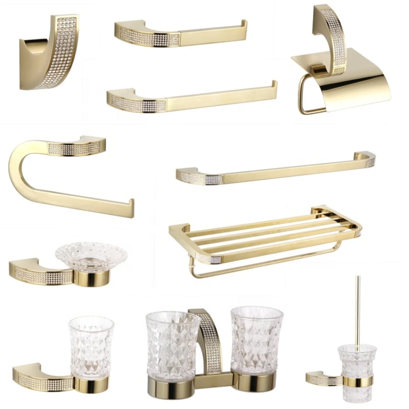 

Czech crystal brushed gold bathroom hardware set robe hook towel rack brass bathroom accessories