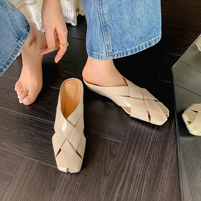 2024 NEW Summer Women Mules Genuine Leather Shoes for Women Square Toe Chunky Heel Modern Sandals Cover Toe Women Slippers