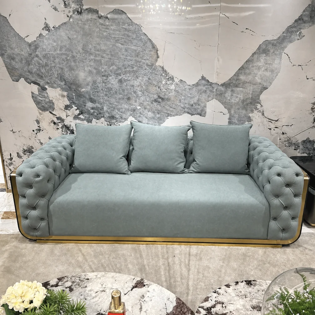 Modern luxury style button decoration fabric metal frame villa salon style single furniture armchair